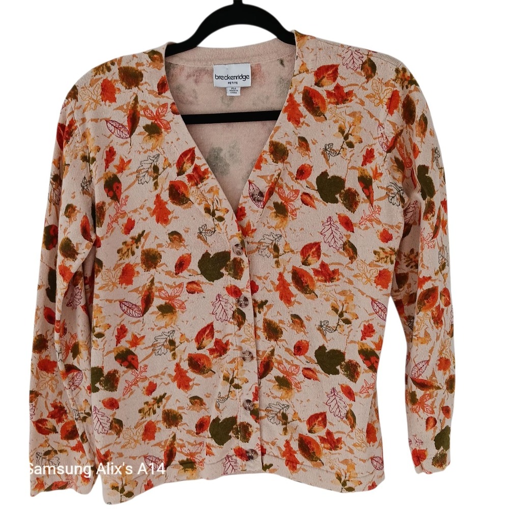 Breckenridge Fall Sweater Petite Medium Beige Leaf‎ Pattern Long Sleeve Top